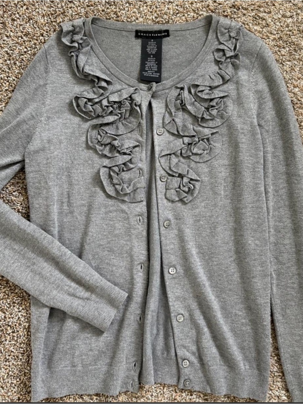 Gray Ruffle-Trim Button Cardigan • Size S - Picture 2 of 3
